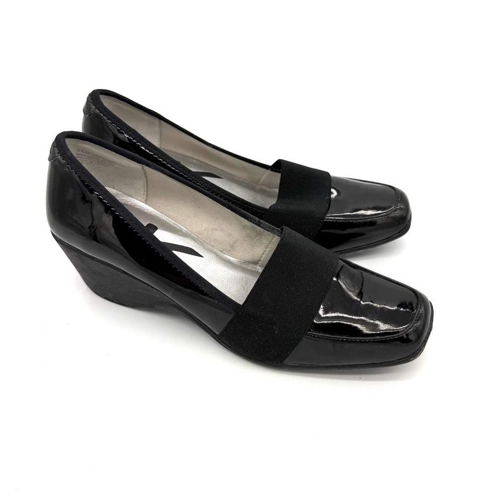 Anne Klein Sport Maeanna Wedge Shoes Solid Black Patent Leather Womens Size 8.5